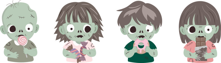 cute halloween little zombie kids holding sweets and candies vector set funny cartoon undead children trick or treating isolated background