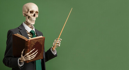 Halloween Skeleton Teacher with Book and Pointer, Green Background - High-quality stock image for commercial use