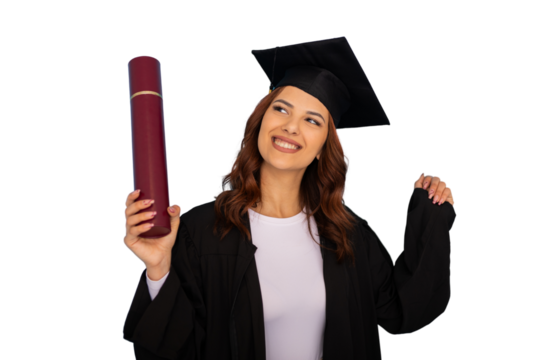Female graduate wearing academic regalia, holding diploma, beaming with achievement, transparent background