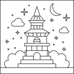 Starlit Tower Gardens Coloring Page, Enchanted Night Garden Illustration