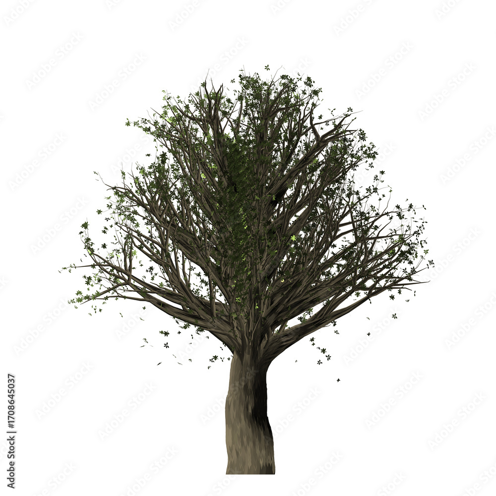 Poster a single tree with a thick trunk and sparse green leaves against a stark black background in isolati