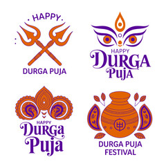 Durga Puja typography collection, sacred eyes icons, floral diya motif, decorative labels, festival greeting pack, vector illustration