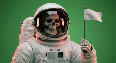 halloween: Spooky Astronaut with Skull in Helmet Holding White Flag on Green Background, Conceptual 3D Render for Commercial Use