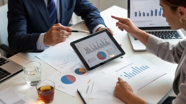 Business meeting analyzing financial charts on tablet and laptop with team collaboration and data