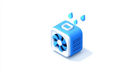 Isometric Air Conditioner: An illustrated isometric perspective of a blue air conditioner with a fan and water drops representing the freshness of the machine.