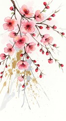 Watercolor Painting of Cherry Blossom Branches with Delicate Pink and Red Flowers
