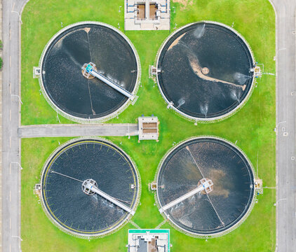 Aerial View Wastewater Treatment Plant Circular Tanks