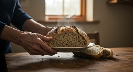 Warm, freshly baked artisan bread served on rustic wood table, perfect for food bloggers and bakeries