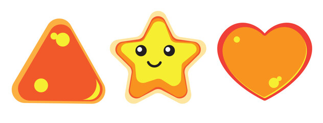 Cute Cartoon Triangle, Star, and Heart Shapes in Bright Orange and Yellow Adorable Kawaii Style Icons, Fun Vector Design