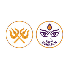 Durga Puja round badges, trishul emblem, sacred eyes seal, minimal line style, festival stamp design, vector template