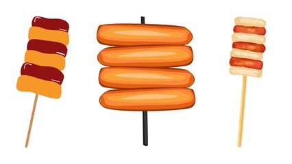 Enjoy delicious Korean street food skewers with spicy sauces, perfect for food illustrations and vibrant Asian cuisine