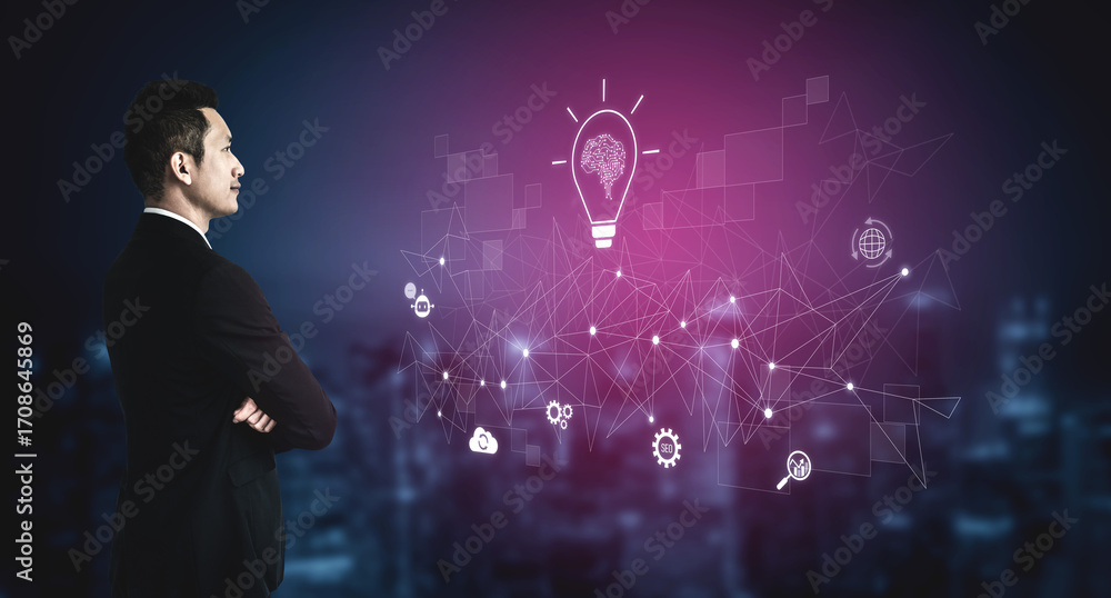 Poster ai innovation with neural network and digital transformation. ai innovation drives automation, power