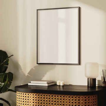 Fototapeta Blank picture frame mock-up above  wooden cabinet with decor, 3d 