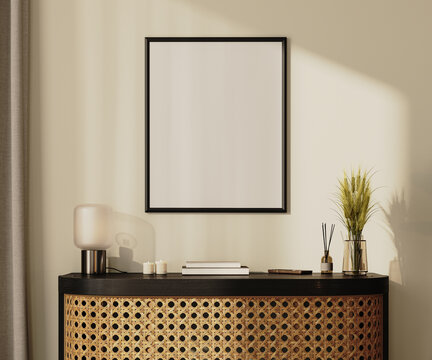 Blank picture frame mock-up above  wooden cabinet with decor, 3d 