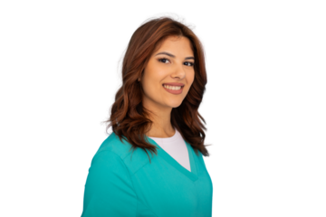 Portrait of a smiling female medical professional wearing scrubs, isolated on a transparent background, ideal for healthcare and medical-themed projects