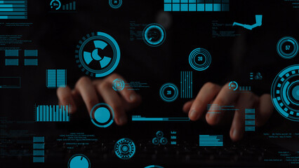 Obraz premium Hands typing on a keyboard create a dynamic interaction with a futuristic technology interface, showcasing glowing data visualizations in a dark environment, ideal for exploring cyber security. Xenic