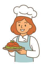 Smiling female chef holding tray with dish