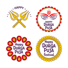 Durga Puja sticker set, circular festival badges, trishul and eyes motifs, decorative borders, celebratory label collection, vector