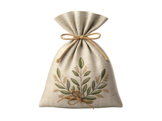 Burlap sack with floral design isolated on transparent background