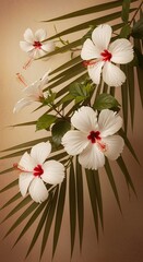 White Hibiscus Flowers with Palm Leaves Tropical Beauty Exotic Floral Arrangement Summer Theme