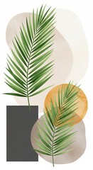 Abstract Botanical Illustration with Palm Leaves and Geometric Shapes Modern Art Design