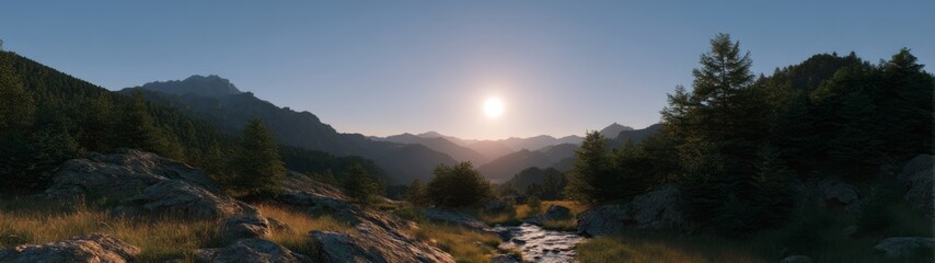 Obraz premium Breathtaking sunrise in mountain valley hdr panoramic view serene landscape nature's beauty