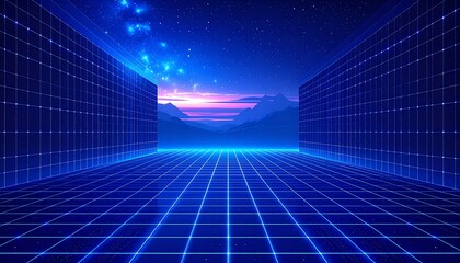 Futuristic gridded tunnel with a mountain landscape