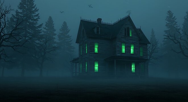 Fototapeta An eerie old haunted house stands shrouded in a dense, chilling fog, its windows glowing with an unsettling green light in the dark forest