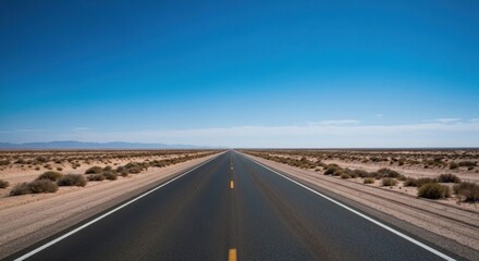 Fototapeta premium Straight road stretches into a vast, desert landscape under a clear blue sky