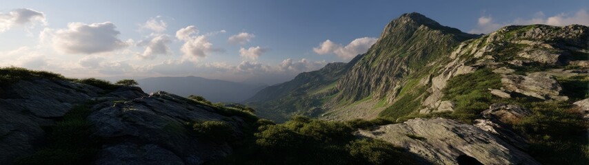 Stunning hdr panoramic sunrise view of a mountain valley landscape nature photography scenic environment