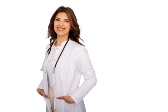 Young female doctor smiling with stethoscope and hands in pockets on a transparent background, ready to be placed in any design
