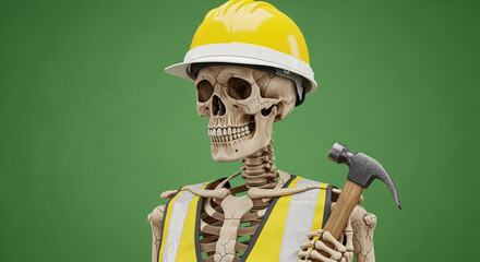 halloween: Humorous skeleton construction worker with yellow hard hat and safety vest holding hammer against green background, ...