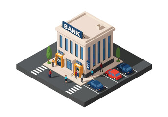 Squared 3D isometric view of a modern bank building with ATMs, customers, cars, and staff, representing finance, savings, investment, money management, financial services, and secure banking operation