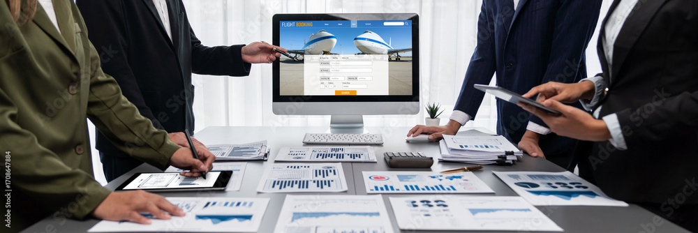 Poster panorama shot analyst team utilizing bi fintech to analyze financial report with laptop. businesspeo