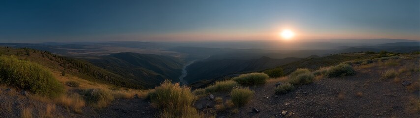 Obraz premium Stunning sunrise hdri panoramic view of exported mountain valley landscape serene environment nature's beauty