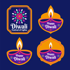 Diwali festival of lights labels, elegant diya icons, ornamental frames, blue background set, celebratory sticker bundle, vector