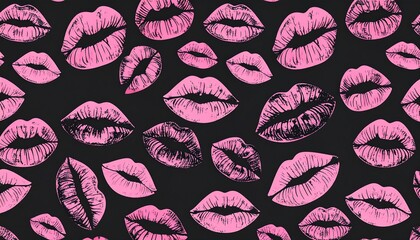 Repeating pink lips on a black background create a playful, kissing, pattern design