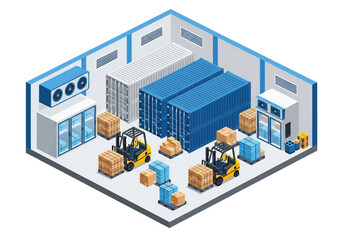 Squared 3D isometric view of a cold storage warehouse with workers and forklifts handling frozen goods in refrigerated containers, representing logistics, supply chain, food preservation