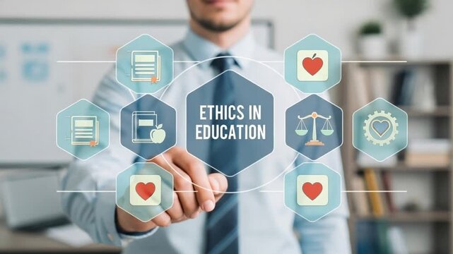 Man in shirt presents ethics in education concept with icons and a blurred background in the office