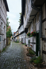 Detmold, North Rhine-Westphalia, Germany, September 12, 2025, Adolfstrasse with historic row of half-timbered houses