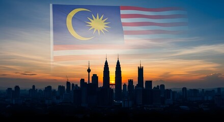 Malaysia flag over Kuala Lumpur skyline at sunset.