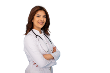 Young female doctor smiling with arms crossed, wearing lab coat and stethoscope, on a transparent background
