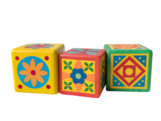 Three colorful wooden toy blocks isolated on transparent background