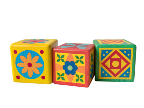 Three colorful wooden toy blocks isolated on transparent background