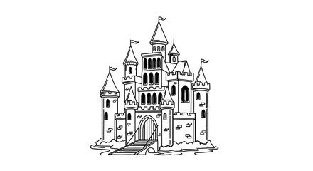 Fototapeta premium Illustration of a fairytale castle with towers, flags, and a drawbridge