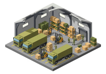 Squared 3D isometric view of a military warehouse with soldiers, forklifts, trucks, and stacked cargo crates, representing defense logistics, supply chain, storage, and equipment distribution