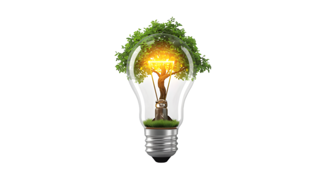Lightbulb with tree growing inside symbolizing green energy