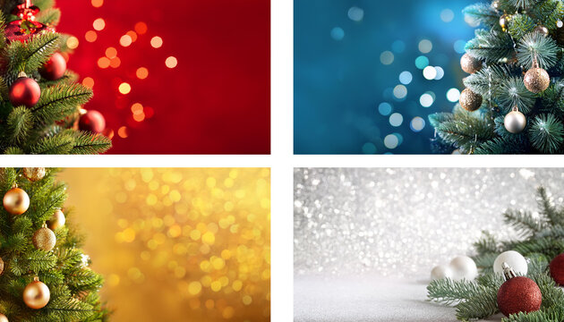 Weihnachtscollage mit glitzernden Hintergründen in Rot, Blau, Gold und Silber