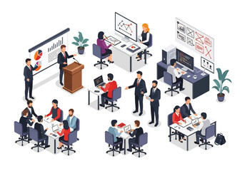 Squared 3D isometric view of a modern office workspace with employees in meetings, coding, presentations, and teamwork, symbolizing business, management, collaboration, and corporate productivity