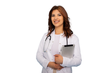 Professional female physician smiling, referencing medical data on tablet, representing healthcare innovation with confident demeanor